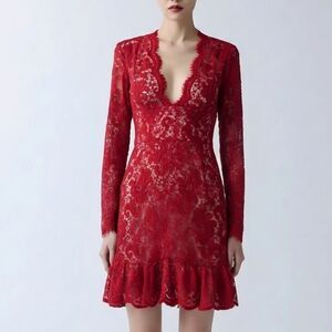 Shanghai Tang Lace Red Nude Long Sleeve Dress, 6